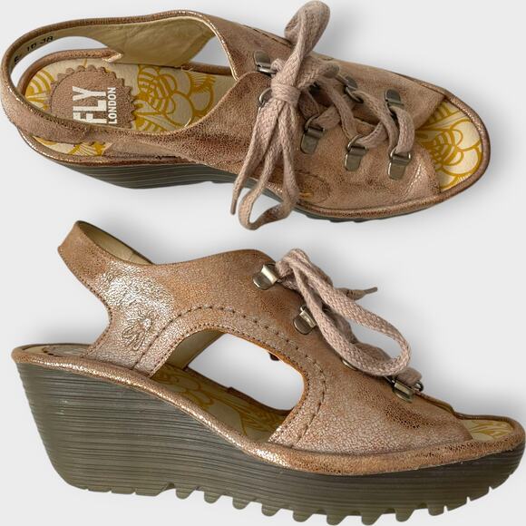 Fly London YLVA Sandals Wedge Leather Suede Gold Lace Up Size 38 US Size 8 - Picture 1 of 10